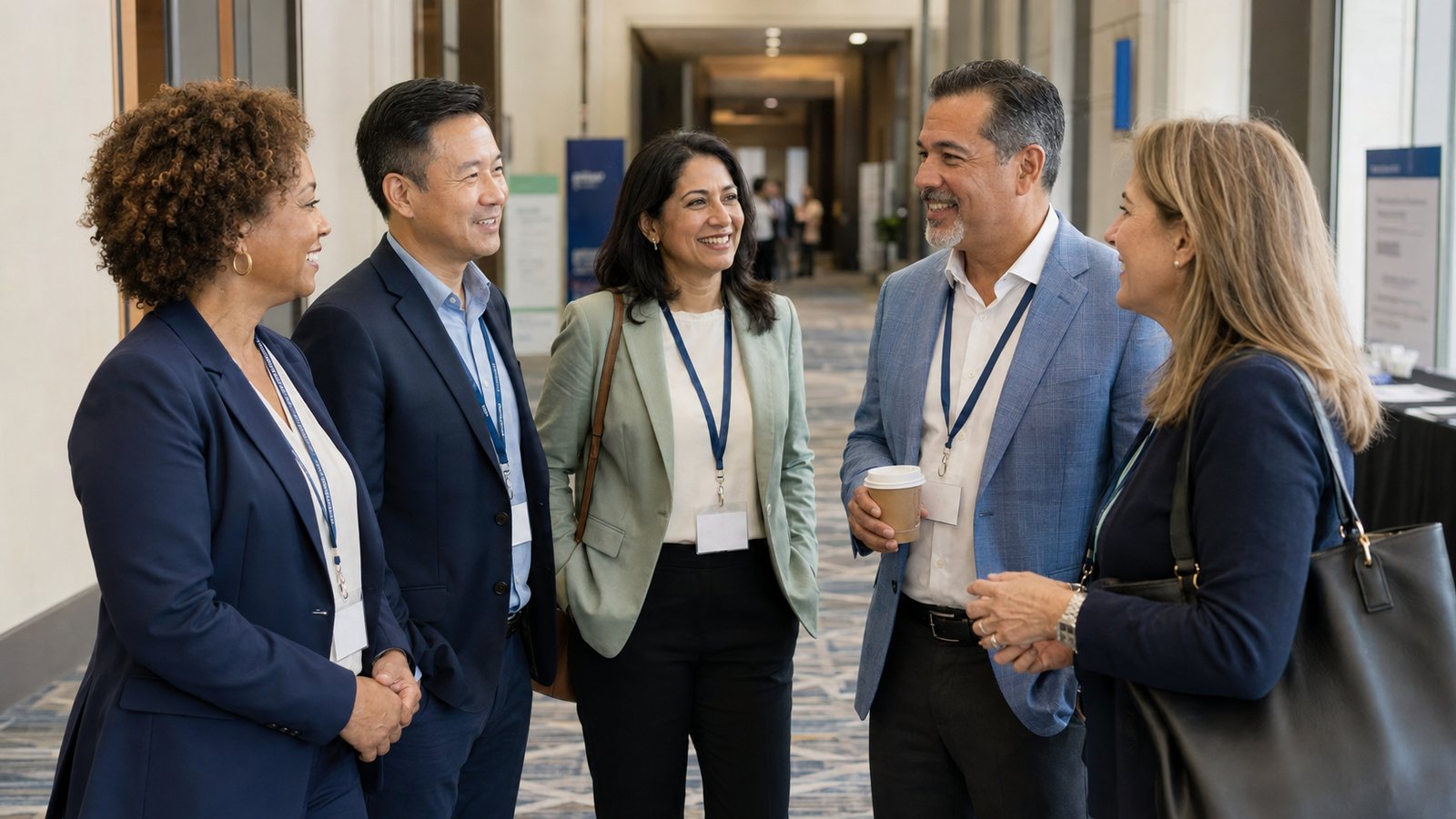 Contributing dentists talking together at a conference.